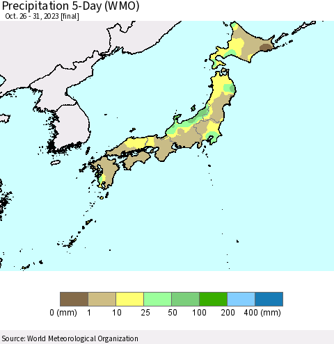 Japan Precipitation 5-Day (WMO) Thematic Map For 10/26/2023 - 10/31/2023