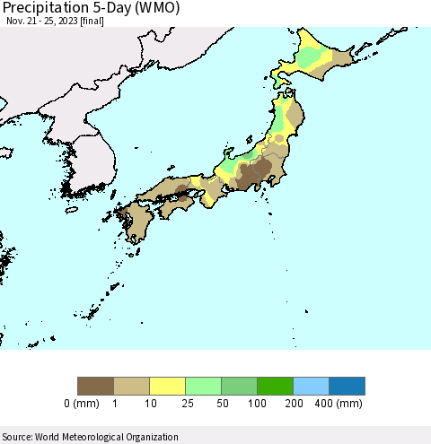 Japan Precipitation 5-Day (WMO) Thematic Map For 11/21/2023 - 11/25/2023