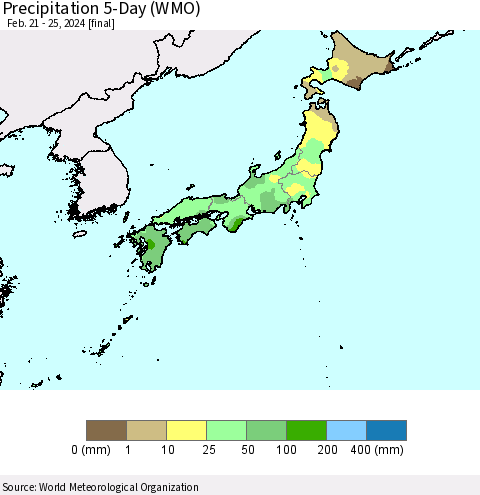 Japan Precipitation 5-Day (WMO) Thematic Map For 2/21/2024 - 2/25/2024