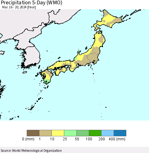 Japan Precipitation 5-Day (WMO) Thematic Map For 3/16/2024 - 3/20/2024