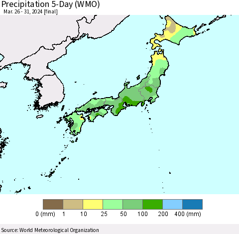 Japan Precipitation 5-Day (WMO) Thematic Map For 3/26/2024 - 3/31/2024