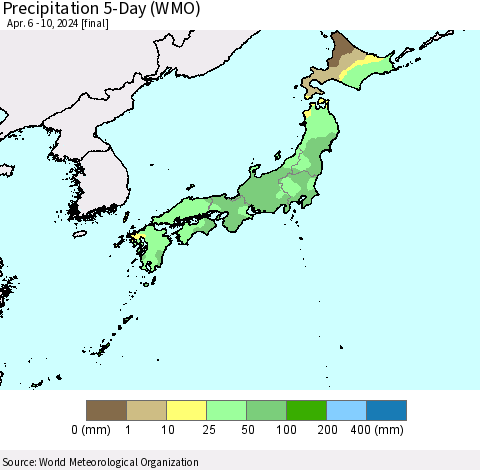 Japan Precipitation 5-Day (WMO) Thematic Map For 4/6/2024 - 4/10/2024