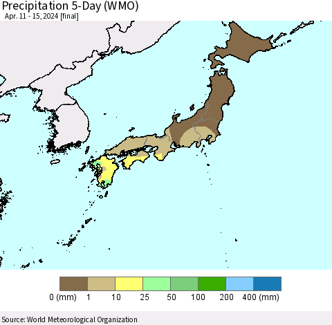 Japan Precipitation 5-Day (WMO) Thematic Map For 4/11/2024 - 4/15/2024