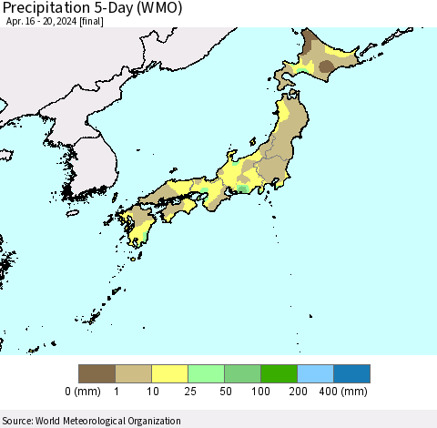 Japan Precipitation 5-Day (WMO) Thematic Map For 4/16/2024 - 4/20/2024
