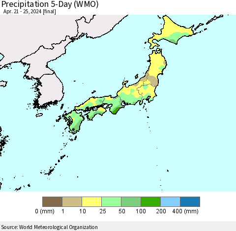 Japan Precipitation 5-Day (WMO) Thematic Map For 4/21/2024 - 4/25/2024