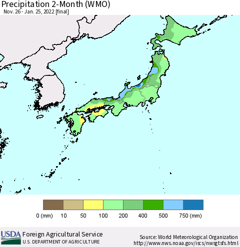 Japan Precipitation 2-Month (WMO) Thematic Map For 11/26/2021 - 1/25/2022