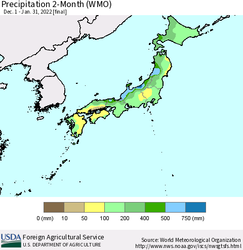Japan Precipitation 2-Month (WMO) Thematic Map For 12/1/2021 - 1/31/2022