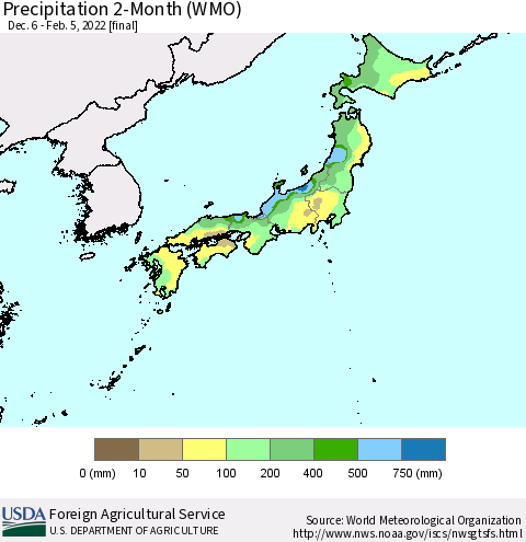 Japan Precipitation 2-Month (WMO) Thematic Map For 12/6/2021 - 2/5/2022