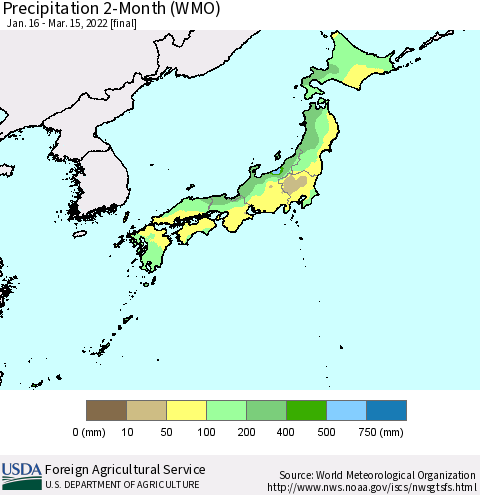 Japan Precipitation 2-Month (WMO) Thematic Map For 1/16/2022 - 3/15/2022