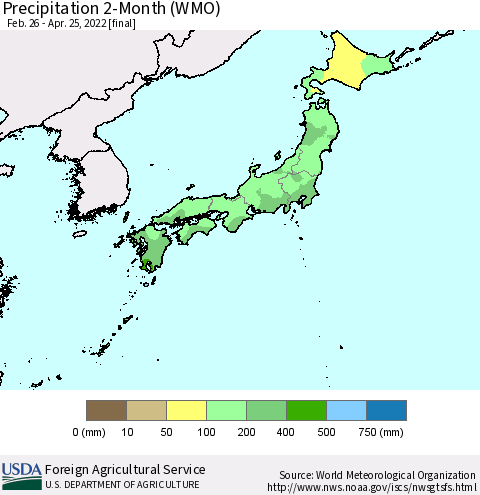Japan Precipitation 2-Month (WMO) Thematic Map For 2/26/2022 - 4/25/2022