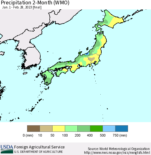 Japan Precipitation 2-Month (WMO) Thematic Map For 1/1/2023 - 2/28/2023