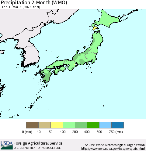 Japan Precipitation 2-Month (WMO) Thematic Map For 2/1/2023 - 3/31/2023