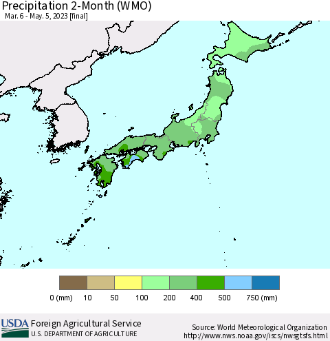Japan Precipitation 2-Month (WMO) Thematic Map For 3/6/2023 - 5/5/2023