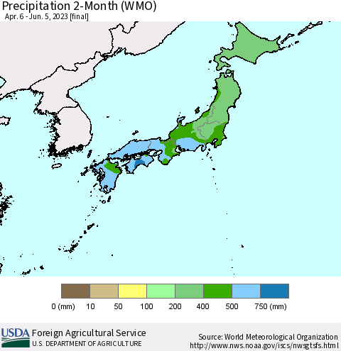 Japan Precipitation 2-Month (WMO) Thematic Map For 4/6/2023 - 6/5/2023