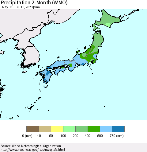 Japan Precipitation 2-Month (WMO) Thematic Map For 5/11/2023 - 7/10/2023