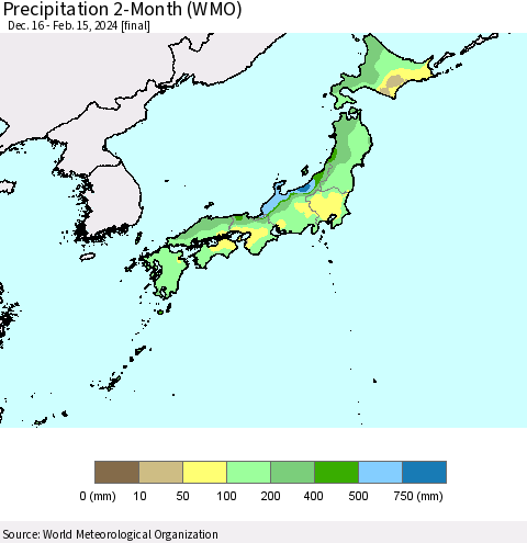 Japan Precipitation 2-Month (WMO) Thematic Map For 12/16/2023 - 2/15/2024