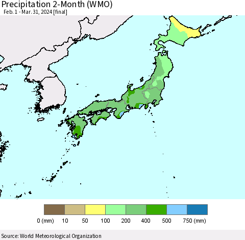Japan Precipitation 2-Month (WMO) Thematic Map For 2/1/2024 - 3/31/2024