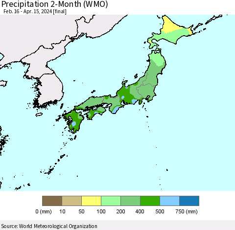 Japan Precipitation 2-Month (WMO) Thematic Map For 2/16/2024 - 4/15/2024