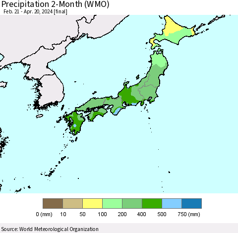 Japan Precipitation 2-Month (WMO) Thematic Map For 2/21/2024 - 4/20/2024