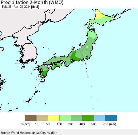 Japan Precipitation 2-Month (WMO) Thematic Map For 2/26/2024 - 4/25/2024