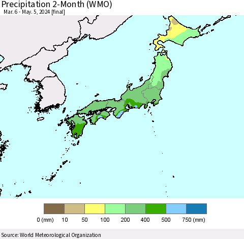Japan Precipitation 2-Month (WMO) Thematic Map For 3/6/2024 - 5/5/2024