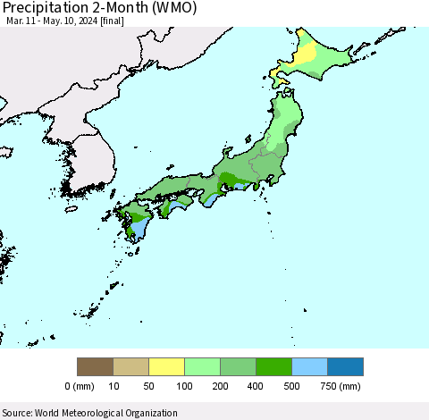Japan Precipitation 2-Month (WMO) Thematic Map For 3/11/2024 - 5/10/2024