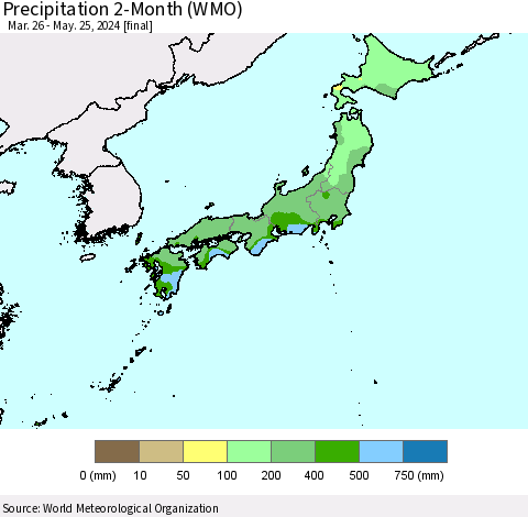 Japan Precipitation 2-Month (WMO) Thematic Map For 3/26/2024 - 5/25/2024