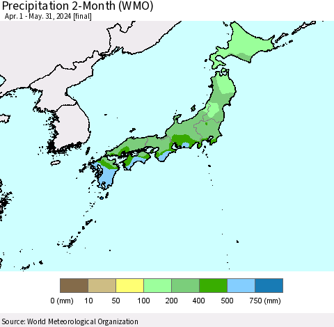 Japan Precipitation 2-Month (WMO) Thematic Map For 4/1/2024 - 5/31/2024