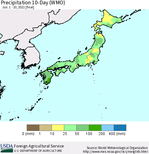 Japan Precipitation 10-Day (WMO) Thematic Map For 6/1/2021 - 6/10/2021