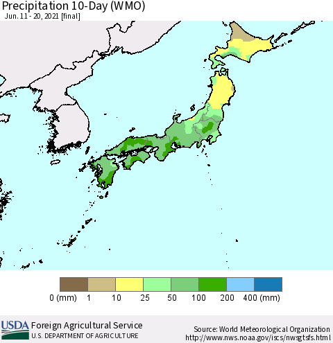 Japan Precipitation 10-Day (WMO) Thematic Map For 6/11/2021 - 6/20/2021