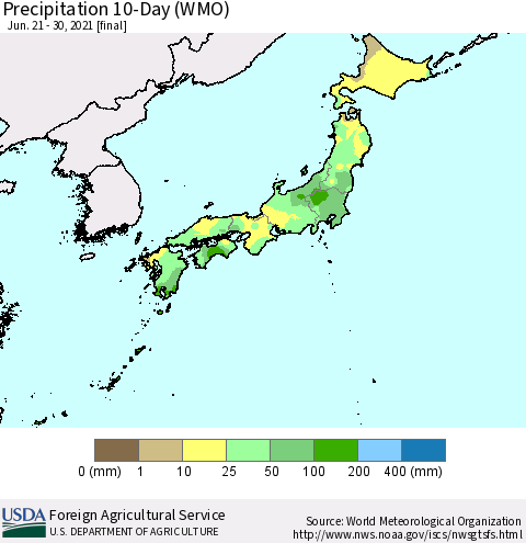 Japan Precipitation 10-Day (WMO) Thematic Map For 6/21/2021 - 6/30/2021
