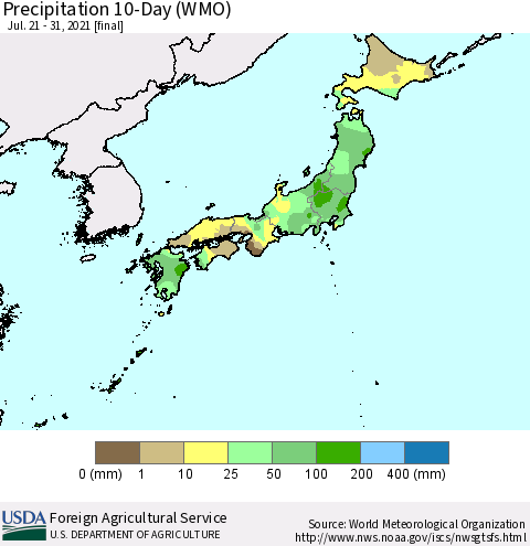 Japan Precipitation 10-Day (WMO) Thematic Map For 7/21/2021 - 7/31/2021