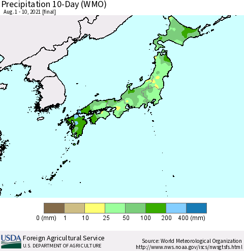 Japan Precipitation 10-Day (WMO) Thematic Map For 8/1/2021 - 8/10/2021
