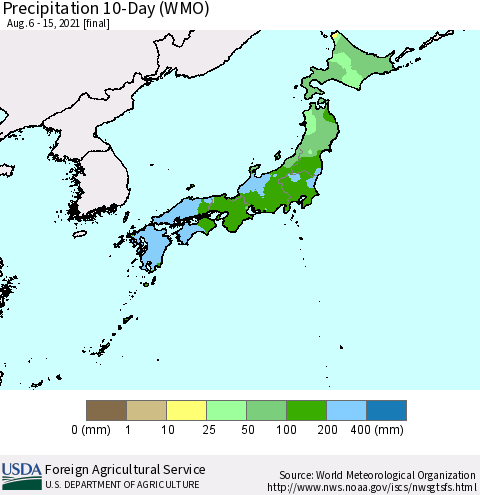 Japan Precipitation 10-Day (WMO) Thematic Map For 8/6/2021 - 8/15/2021