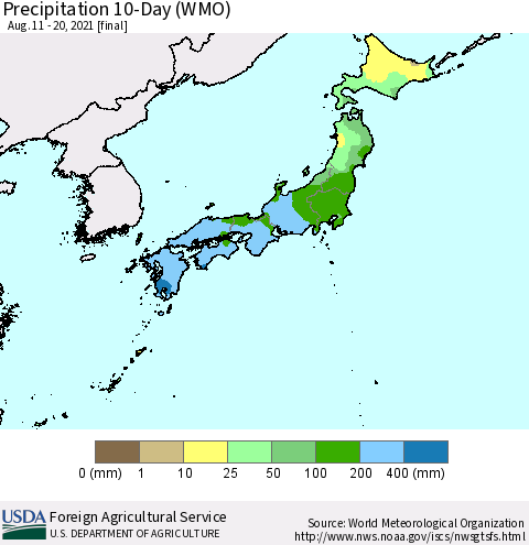 Japan Precipitation 10-Day (WMO) Thematic Map For 8/11/2021 - 8/20/2021