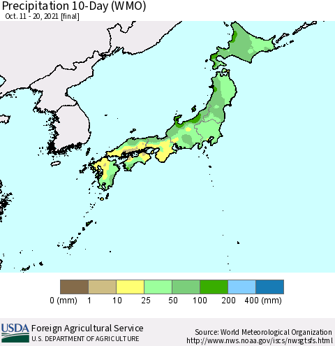 Japan Precipitation 10-Day (WMO) Thematic Map For 10/11/2021 - 10/20/2021