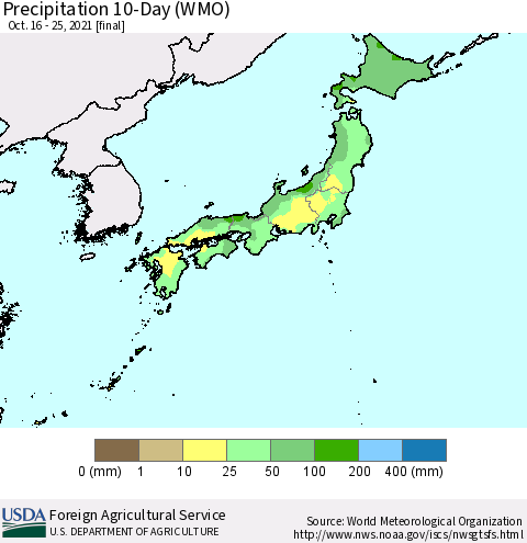 Japan Precipitation 10-Day (WMO) Thematic Map For 10/16/2021 - 10/25/2021