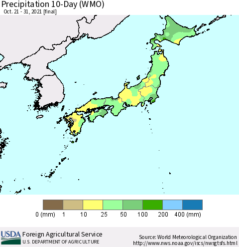 Japan Precipitation 10-Day (WMO) Thematic Map For 10/21/2021 - 10/31/2021
