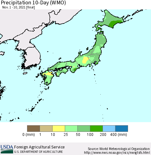 Japan Precipitation 10-Day (WMO) Thematic Map For 11/1/2021 - 11/10/2021