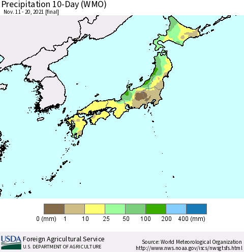 Japan Precipitation 10-Day (WMO) Thematic Map For 11/11/2021 - 11/20/2021