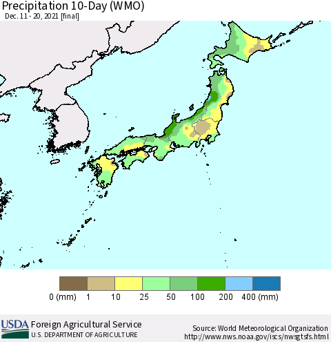 Japan Precipitation 10-Day (WMO) Thematic Map For 12/11/2021 - 12/20/2021