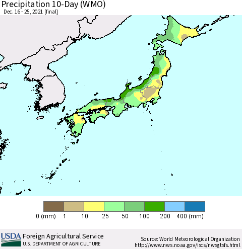 Japan Precipitation 10-Day (WMO) Thematic Map For 12/16/2021 - 12/25/2021