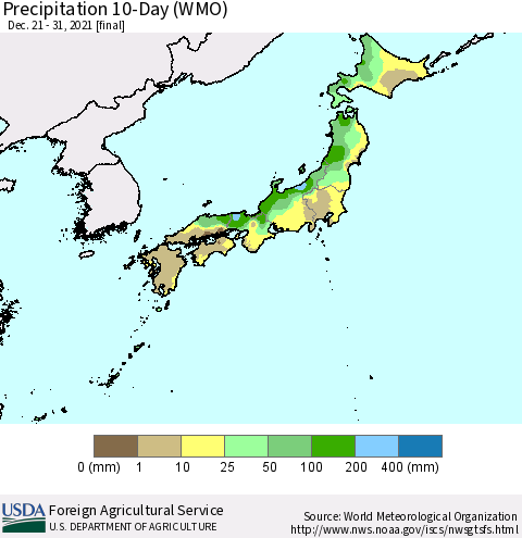 Japan Precipitation 10-Day (WMO) Thematic Map For 12/21/2021 - 12/31/2021