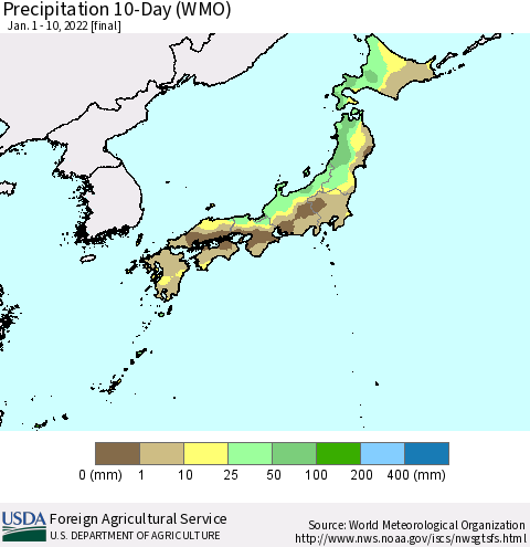 Japan Precipitation 10-Day (WMO) Thematic Map For 1/1/2022 - 1/10/2022