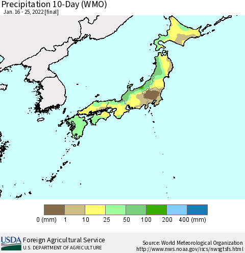 Japan Precipitation 10-Day (WMO) Thematic Map For 1/16/2022 - 1/25/2022