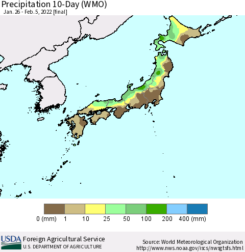 Japan Precipitation 10-Day (WMO) Thematic Map For 1/26/2022 - 2/5/2022
