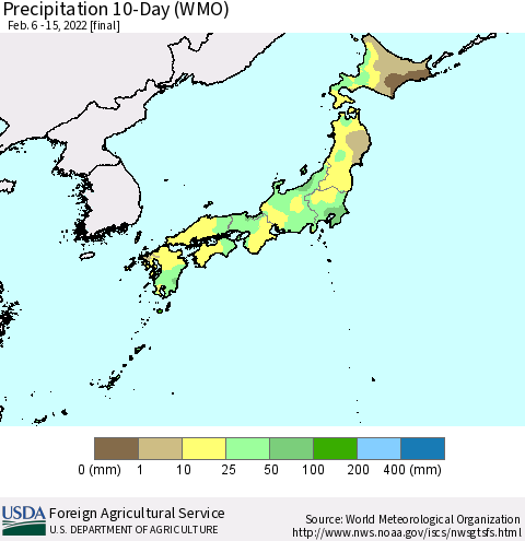 Japan Precipitation 10-Day (WMO) Thematic Map For 2/6/2022 - 2/15/2022