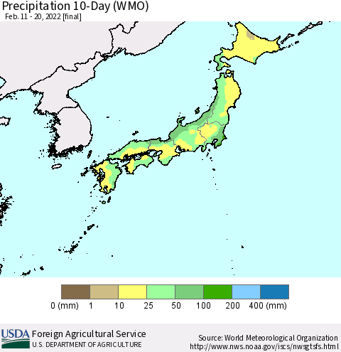 Japan Precipitation 10-Day (WMO) Thematic Map For 2/11/2022 - 2/20/2022