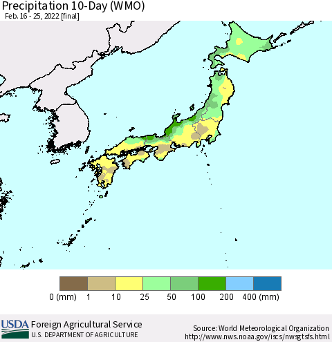 Japan Precipitation 10-Day (WMO) Thematic Map For 2/16/2022 - 2/25/2022