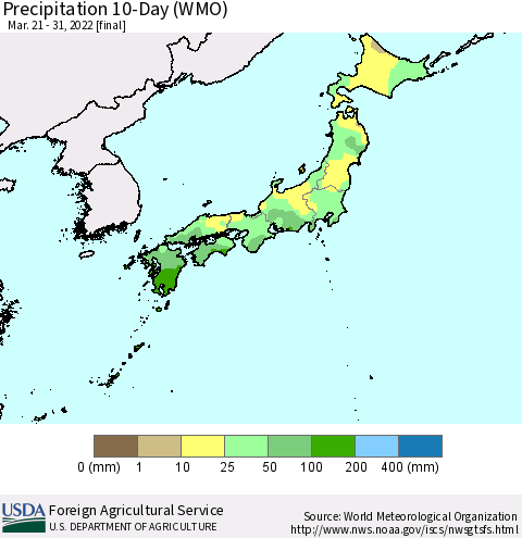 Japan Precipitation 10-Day (WMO) Thematic Map For 3/21/2022 - 3/31/2022